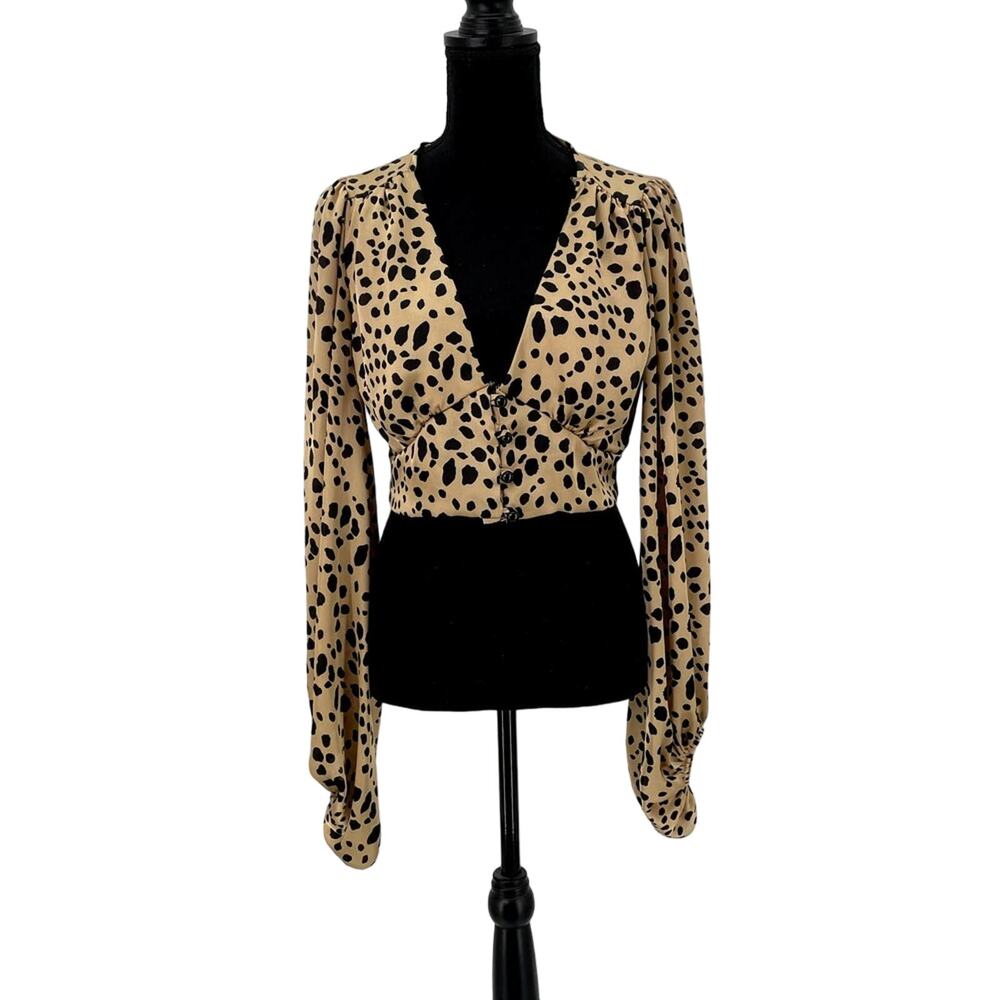 Windsor Cheetah Animal Print Crop‎ Top Blouse S Puff Sleeve Elastic Wrist